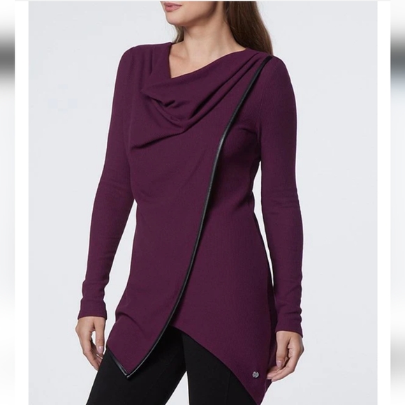 Marc New York Asymmetric Hem Draped Neck Long Sleeve Thermal Knit Tunic - Picture 2 of 4